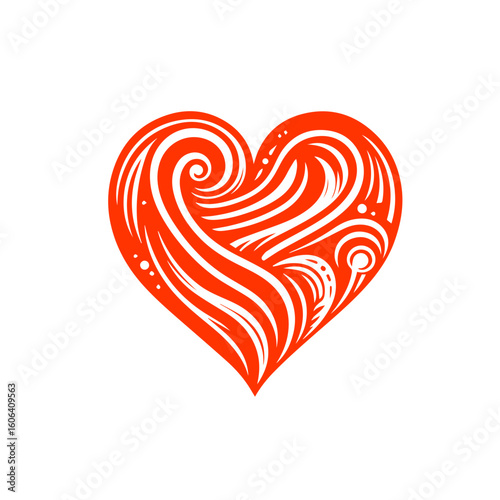 Red ornamental heart shape with swirly decorative lines, romantic abstract valentine symbol, love theme vector isolated on white background.