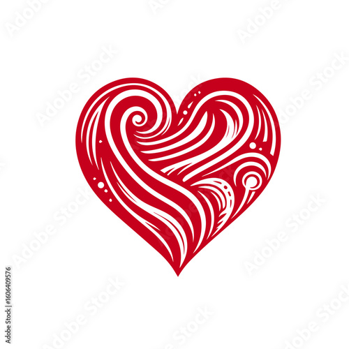 Red ornamental heart shape with swirly decorative lines, romantic abstract valentine symbol, love theme vector isolated on white background.