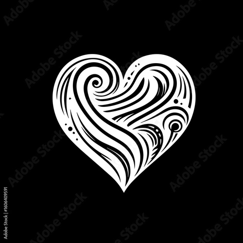 Red ornamental heart shape with swirly decorative lines, romantic abstract valentine symbol, love theme vector isolated on white background.