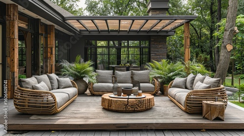 Luxurious outdoor living space with wicker seating and natural materials