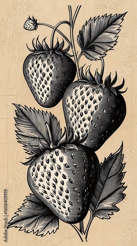 Vintage botanical illustration of strawberries on a stem with leaves in detailed black ink style, perfect for nature-inspired designs, retro art prints, and classic backgrounds

