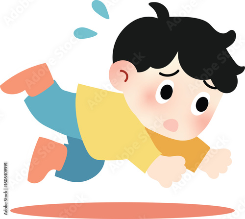 Cute cartoon illustration of a young boy falling forward with a surprised expression, perfect for educational safety materials, children accident prevention, and learning illustrations.