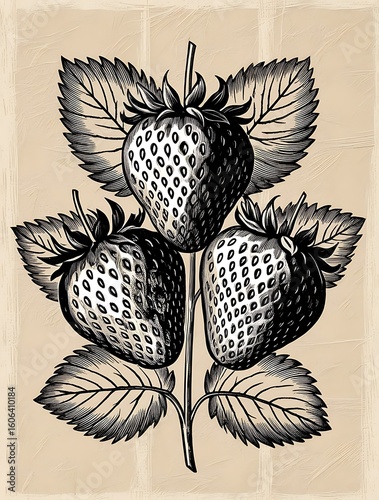 Vintage botanical illustration of strawberries on a stem with leaves in detailed black ink style, perfect for nature-inspired designs, retro art prints, and classic backgrounds

