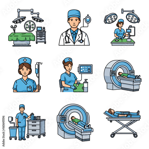 Medical Professions and Hospital Equipment Icons Set - Doctors, Nurses, MRI, OR