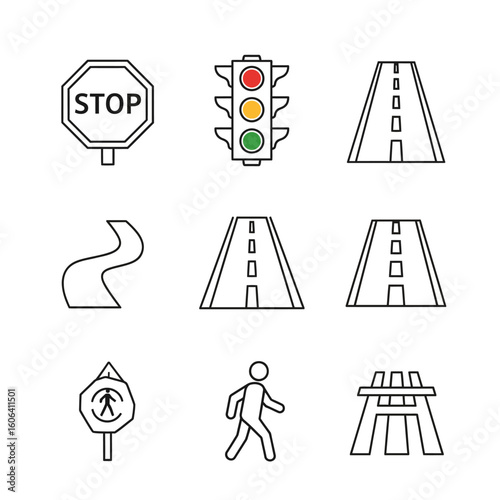 Road and Traffic Signs Line Icons