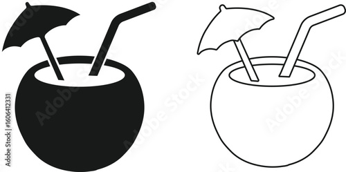 Coconut Drink Icons – Filled and Outline Silhouettes Featuring Straw and Umbrella Garnish for Summer, Beach, and Refreshment Themes