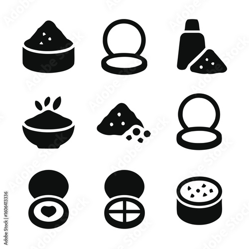 Collection of cosmetic powder and compact makeup silhouettes isolated on white background