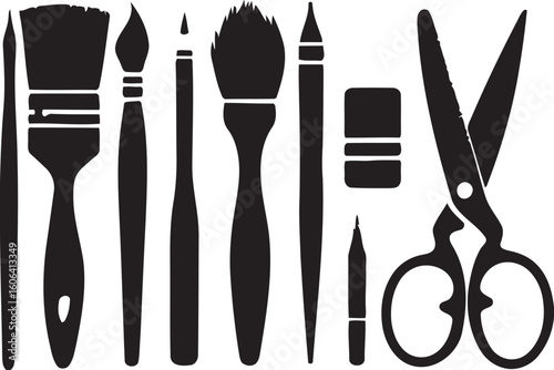 Collection of art supplies including paintbrushes pencils eraser and scissors silhouette isolated on white background