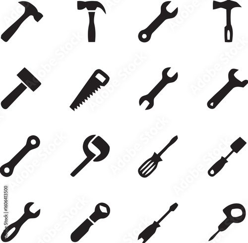 Collection of silhouetted hand tools including hammers wrenches saws and screwdrivers isolated on white background