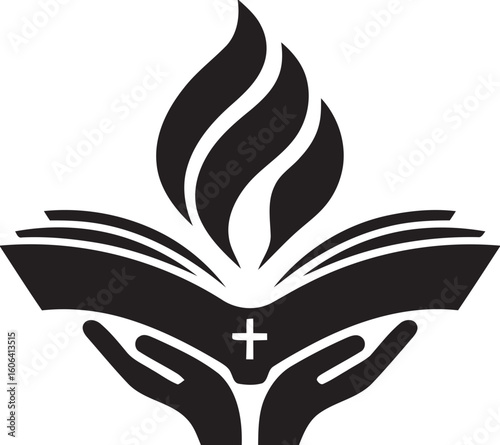 Open bible with flame and hands silhouette isolated on white background