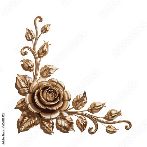 Ornate bronze rose and leaf corner design element for decorative applications