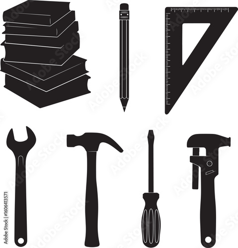 Assorted hand tools vector collection: hammer, screwdriver, wrench, pliers, saw, and spanner silhouettes on white