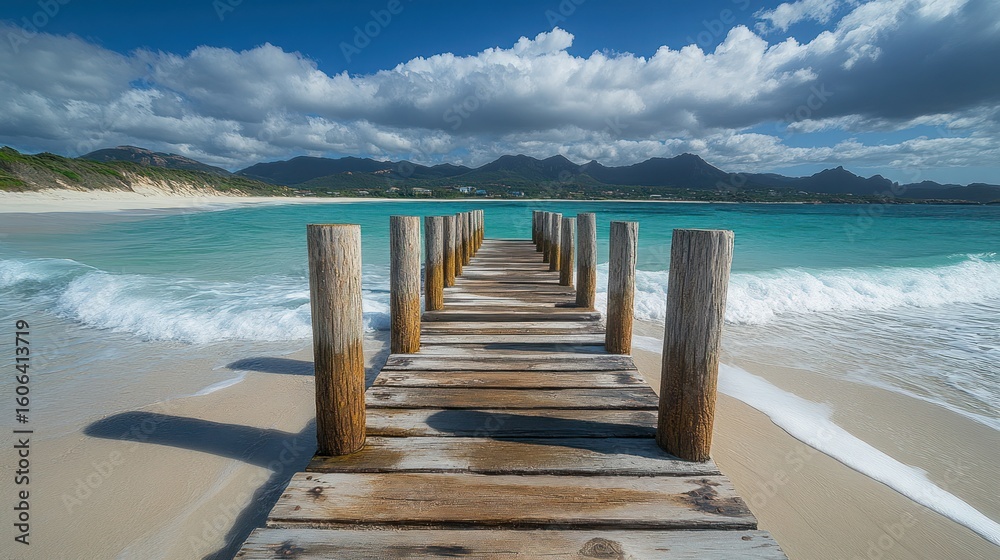 Fototapeta premium Tranquil wooden pier leads to turquoise ocean, white sand beach, and mountains