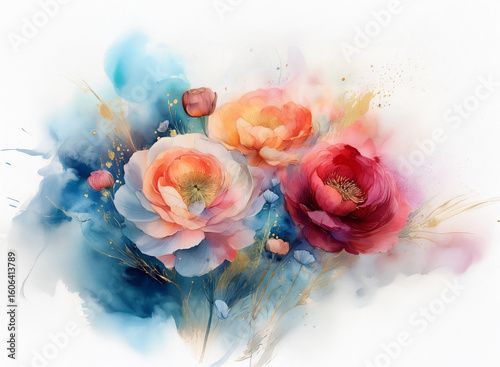 A watercolor painting of three blossoms,  peach, pink, and red, against a vibrant blue and teal wash background. Delicate details and soft color transitions create a romantic feel.