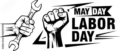 labor day black vector with man hand holding wrench isolated on white background