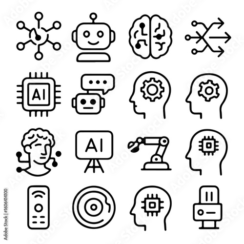 An AI-themed graphic resource, with various digital concept icons, including the robot and brain. Perfect for tech startups or educational materials.