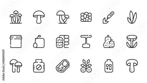 Mushroom cultivation icons set with jars and tools fungi growing
