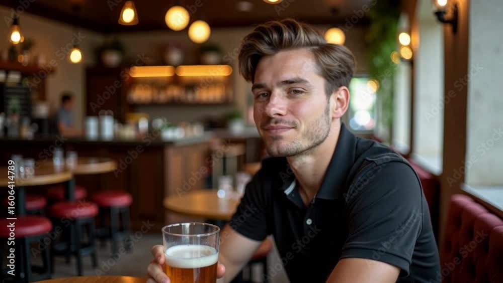 Young man smiling while holding a beer in cozy bar setting Young man smiling while holding a beer in cozy bar setting