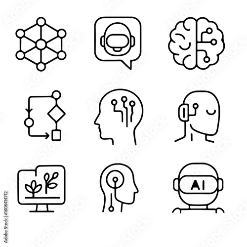 Explore the cutting-edge realm of artificial intelligence with these intricately crafted, minimalist icons. The illustrations encapsulate the core tenets of AI innovation.