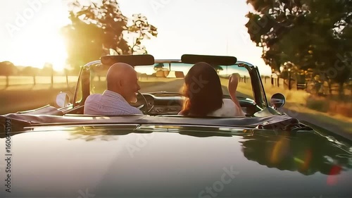 Couple Drives Classic Convertible into Sunset on Country Road Trip