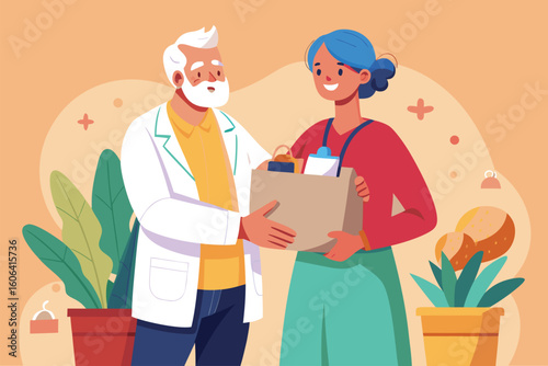 Young medical worker assists elderly man with care package delivery in a cozy indoor setting surrounded by plants