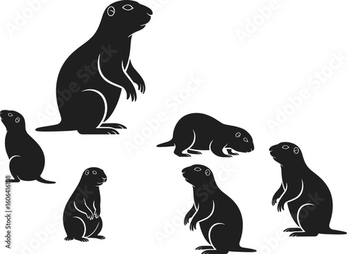 Prairie dog silhouette collection, standing and sitting poses, black vector animal illustrations for wildlife, nature, education, print