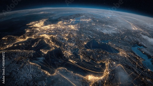 Fototapeta Naklejka Na Ścianę i Meble -  Earth's European night glow, city lights, and network of roads