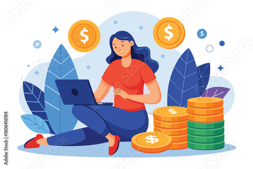 Young lady sitting on coins engaging with laptop while surrounded by financial symbols in a bright and colorful setting