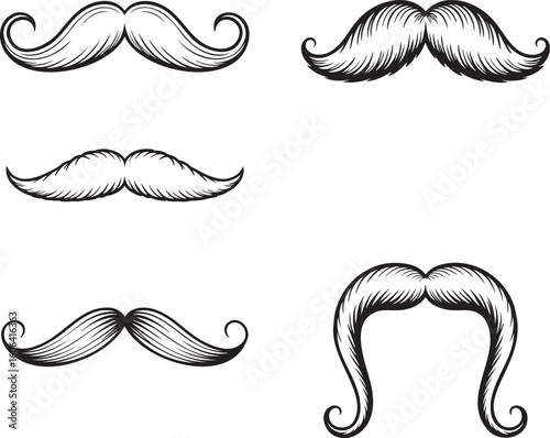Hand drawn style Mustache silhouette set isolated on transparent background