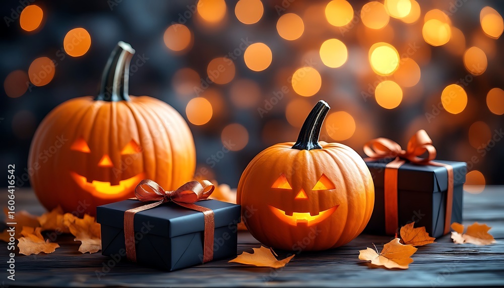 Fototapeta premium Halloween pumpkins and gift boxes are placed on a wooden table with blurred lights in the background, creating a festive atmosphere