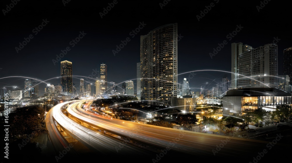 Obraz premium City highway at night with network connections.