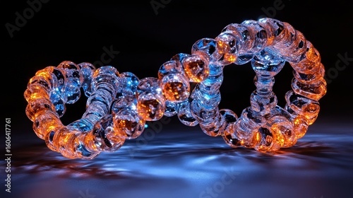 Two intertwined, glowing, spiral DNA-like structures