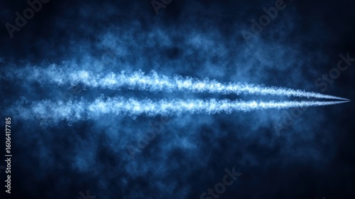 Two jet trails pierce dark, smoky sky