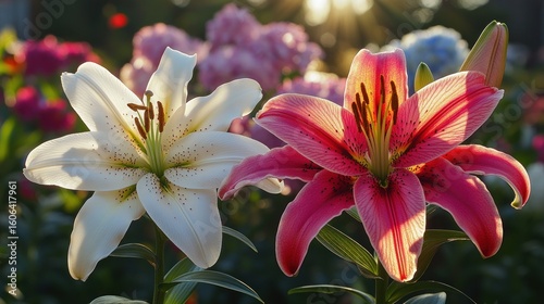 Two lilies, white and pinkish-red, in bloom
