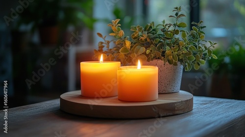Two lit candles on a wooden tray, surrounded by greenery