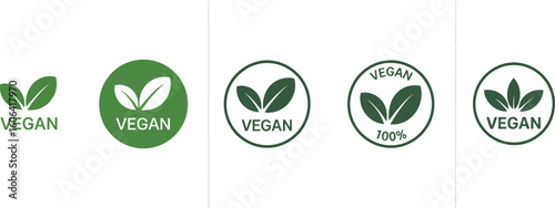 Green Vegan Logos Set With Leaves Symbol Isolated on White Background Icon Sign