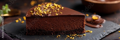 A slice of chocolate cake with golden sprinkles on a black slate board in a dark setting