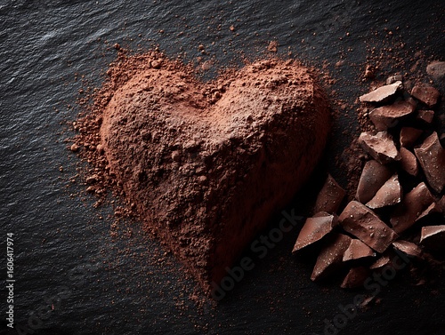 A heart shape made of cocoa powder with chocolate pieces on a dark textured surface from above view