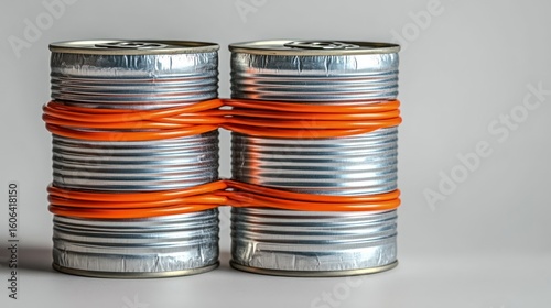 Two metallic cans bound by orange cords