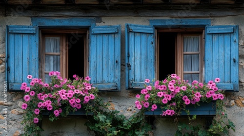 Two matching, light blue wooden shuttered windows, adorned with pink flowers in window boxes, on a stone wall