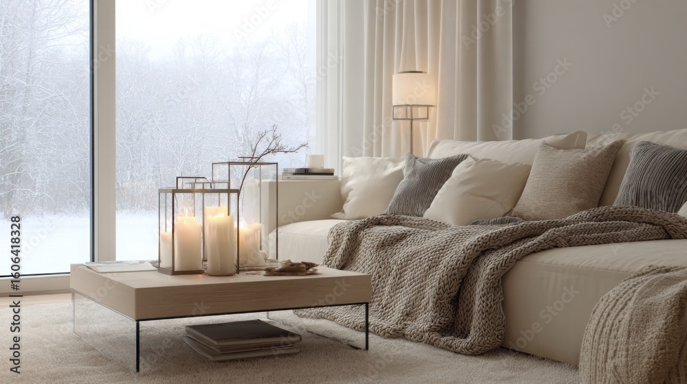 Fototapeta premium winter minimalist living room, soft wool throws, candlelight, snow outside window, neutral tones, quiet atmosphere