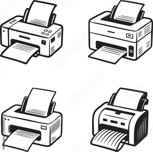 Hand drawn style Printer silhouette set isolated on transparent background