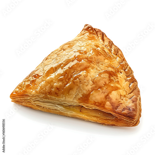 Golden, flaky turnover with a triangular shape, isolated on a white background