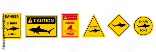 Vector Yellow Shark Sighting Sign Set Isolated. Shark Attack Warning. Danger for Surfing and Swimming. Shark Zone. Vector illustration