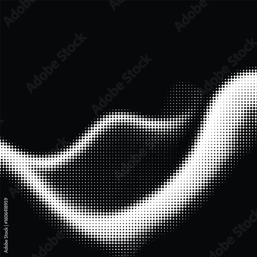 Abstract waves halftone pattern. Curved dots line gradient texture. Cover square black and white digital mountain background with empty space. Vector