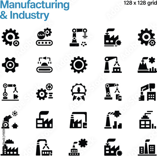 Industry and Manufacturing Icons Set, Factory, Gears, Conveyor Belt, and Robot Arm