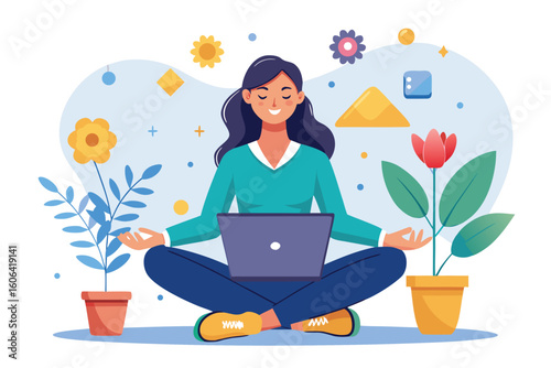 Business woman practicing work life balance while meditating in a comfortable workspace filled with plants and creative elements
