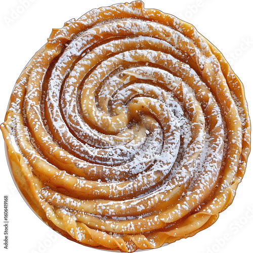 Spiral-shaped pastry with caramel filling and powdered sugar topping