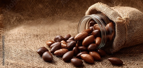 A burlap sack and glass jar spilling brown seeds onto a textured brown burlap surface background