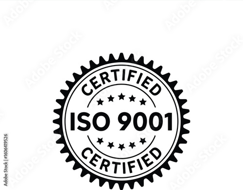 ISO 9001 Certified Stamp with Stars in a Black Gear Border